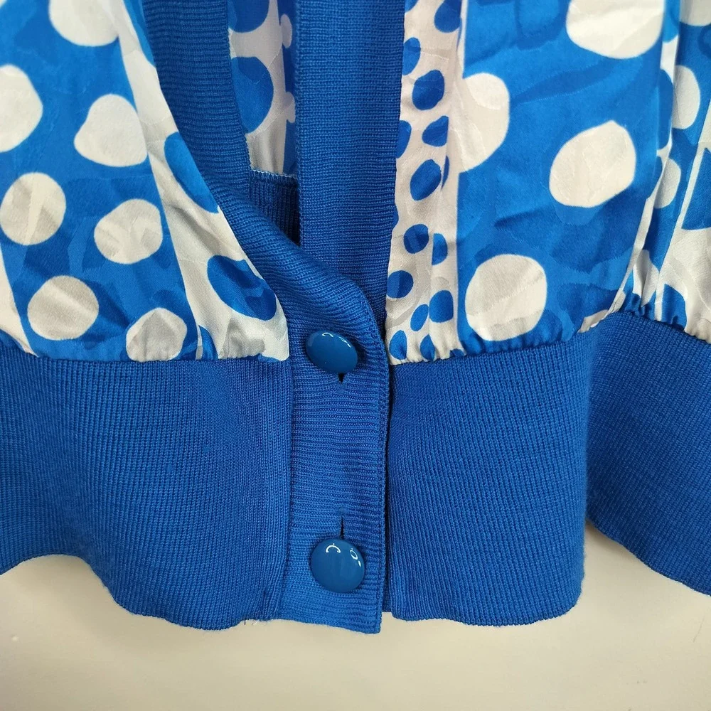 Vintage Polka Dot Silk Cardigan 16 Womens Balloon Sleeve Ribbed Cuff Blue Bold